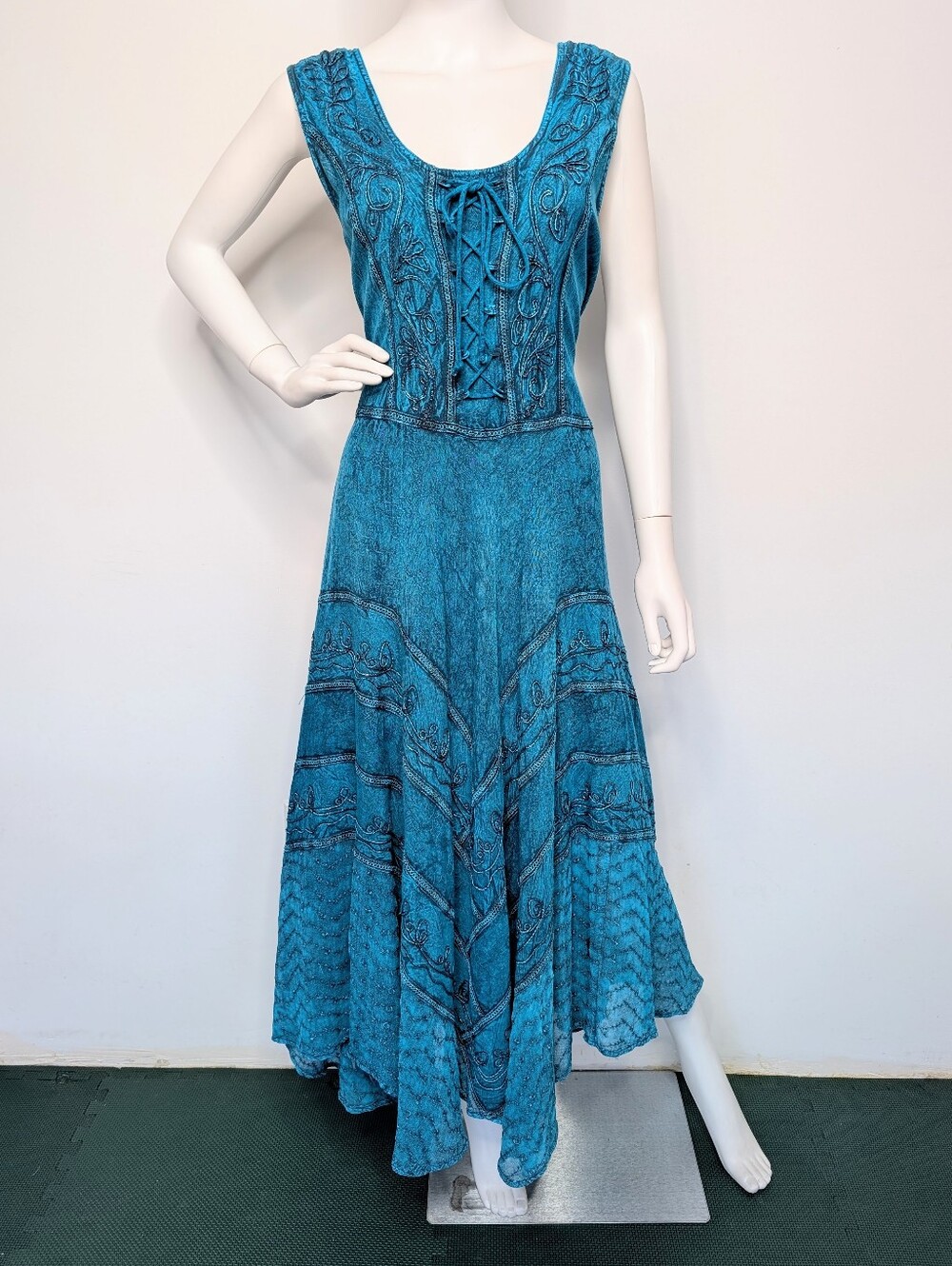 Turquoise Blue Sleeveless Tank Style Bohemian Patchwork Lace Up Front Maxi Dress